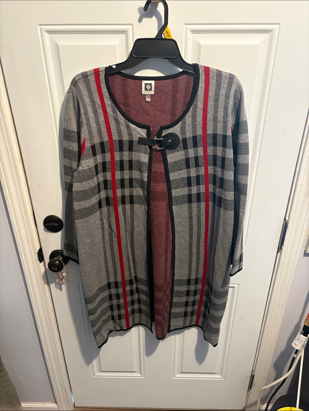 Anne Klein Gray Plaid Cardigan with Red Stripe Accents